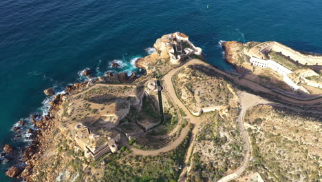 Fortress-on-a-rocky-foothill-Cartagena-Spain-aerial-view-military-battery-sunny